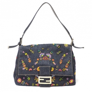 Pre Owned Fendi Denim Embroidered Flower Floral Beaded Baguette
