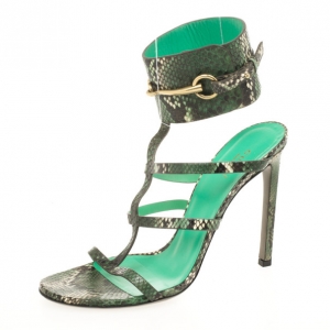 Pre Owned Gucci Green Python 'Ursula' Ankle Strap Cage Sandals Size 40