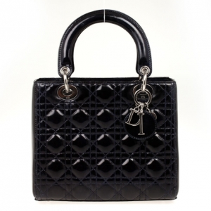 Pre Owned Christian Dior Navy Blue Lady Dior Medium Patent Bag