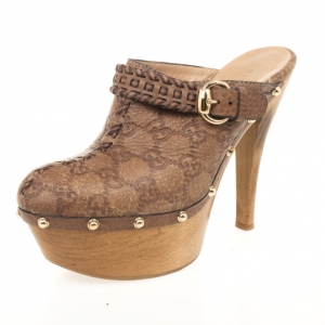 Pre Owned Gucci Brown Guccissima Leather Janis High Heel Platform Clogs Size 40