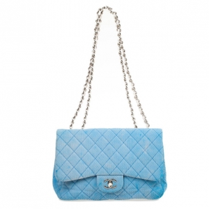 Pre Owned Chanel Blue Jersey Classic Double Flap Bag