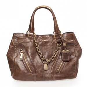 Pre Owned Prada Dark Brown Leather Top Handle Tote