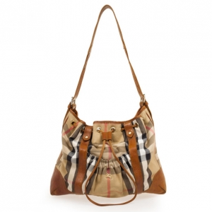 Pre Owned Burberry Tan and House Check Drawstring Shoulder Bag