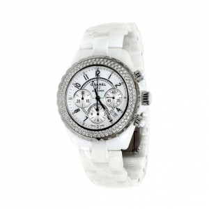 Pre Owned Chanel J12 Diamond White Ceramic Chronograph Mens Watch 