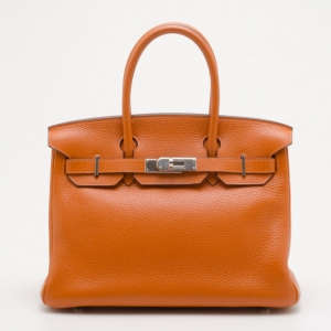 Pre Owned Hermes Orange Togo Leather Palladium Birkin 30 Bag