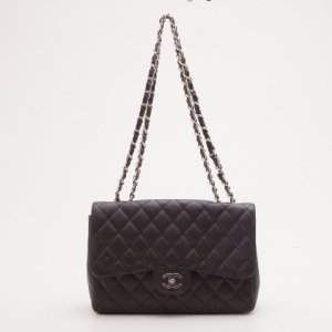 Pre Owned Chanel Black Caviar Jumbo Classic Flap Bag