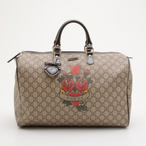 Pre Owned Gucci GG Plus Tattoo Hearts And Roses Large 'Joy' Boston Satchel  
