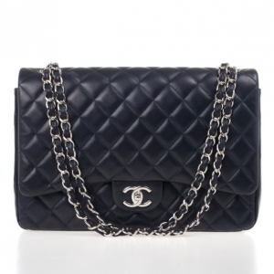 Pre Owned Chanel Navy Blue Lambskin Maxi Flap Bag
