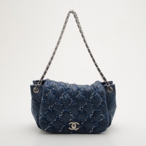 Pre Owned Chanel Blue Leather Bubble Quilted Bowler Bag