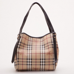 Pre Owned Burberry Chocolate Haymarket Check PVC Tote Bag