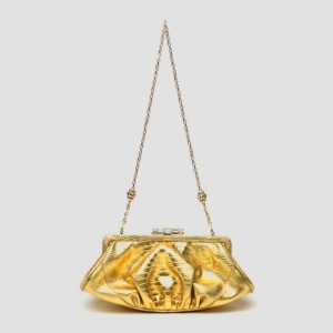 Pre Owned Judith Leiber Farida Gold Lizard Skin Crystal Clutch