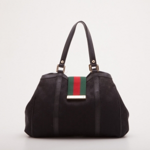 Pre Owned Gucci Black Monogram Ladies Web GG Large Tote Bag