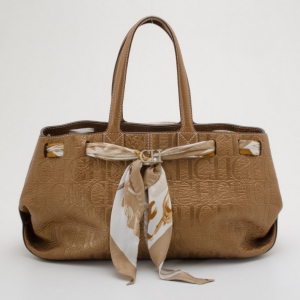 Pre Owned Carolina Herrera Beige Monogram Embossed Scarf Tote