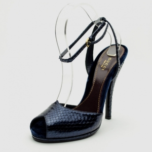 Pre Owned Gucci Navy Blue Snakeskin Peep Toe Ankle Strap Sandals Size 38.5