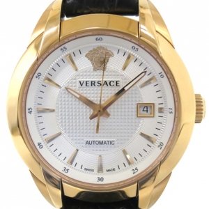 Pre Owned Versace Charcter GP Leather Black Mens Wristwatch