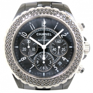 Pre Owned Chanel J12 Chronograph Diamond Ceramic Black Mens Wristwatch