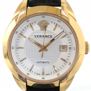 Pre Owned Versace Charcter GP Leather Black Mens Wristwatch