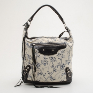 Pre Owned Balenciaga Floral Cotton & Black Chèvre Leather Work Bag