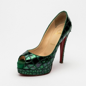 Pre Owned Christian Louboutin Green Patent Mosaic 'Sobek 140' Peep Toe Platform Pumps Size 36.5