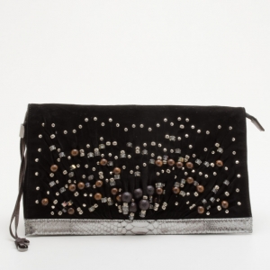 Pre Owned Jimmy Choo Black Suede Venus S Snakeskin Trimmed Beaded Clutch