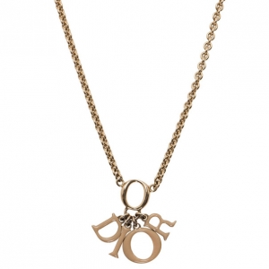 Pre Owned Dior Letters Charm Beige Enamel Gold Tone Necklace