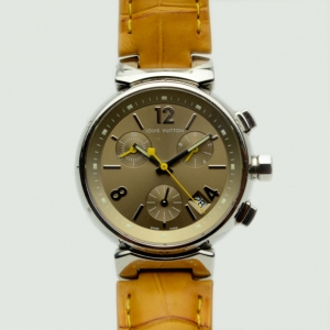 Pre Owned Louis Vuitton Yellow Tambour Chronograph Womens Wristwatch 