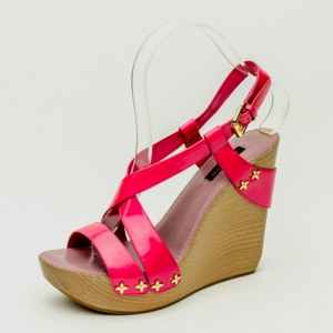 Pre Owned Louis Vuitton Pink Patent Pomegranate Wedge Sandals Size 38