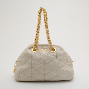 Pre Owned Prada Cream Chevron Quilted Nylon Dome Small Bag