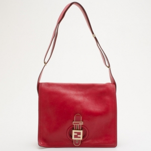 Pre Owned Fendi Red Leather Flap Crossbody Bag