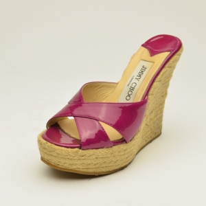 Pre Owned Jimmy Choo Pink Patent 'Phyllis' Espadrilles Wedges Slides Size 35