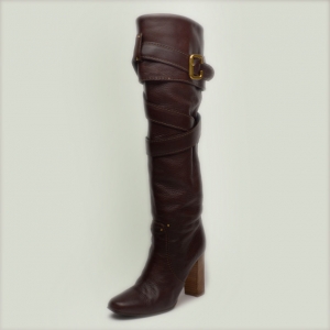 Pre Owned Chloe Brown Leather Knee Length Boots Size 38.5