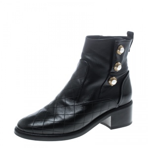 Chanel Black Quilted Leather Pearl Embellished Ankle Boots Size 38.5