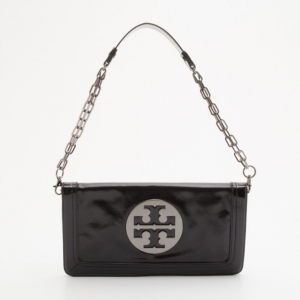 Pre Owned Tory Burch Black Patent Crinkle Bombe Reva Clutch