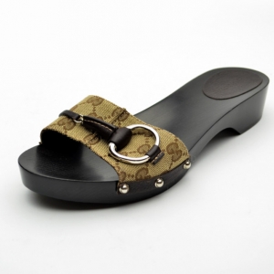Pre Owned Gucci 'GG' Monogram Canvas 'Icon Bit' Wooden Clog Slides Size 41