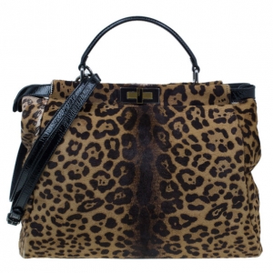 Pre Owned Fendi Black Patent Peekaboo Leopard Tote