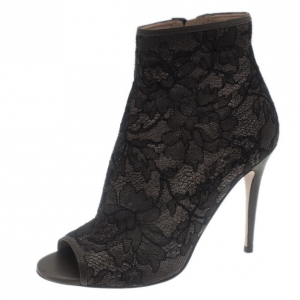 Pre Owned Valentino Black Lace Open Toe Ankle Boots Size 37