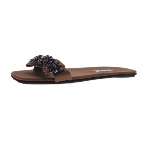 Pre Owned Prada for Harrods Brown Satin Embellished Bow Slides Size 39