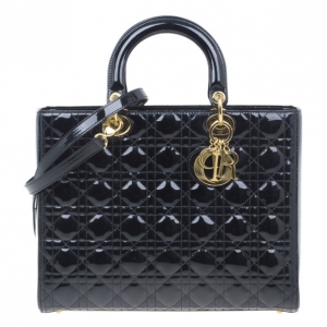 Pre Owned Dior Black Patent Leather Large Lady Dior
