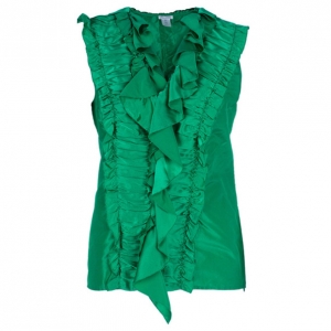 Pre Owned Oscar De La Renta Emerald Ruffle Satin Sleeveless Top L