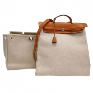 Pre Owned Hermes Tan Leather and Beige Toilea Canvas Herbag MM
