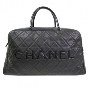 Pre Owned Chanel Black Lambskin Leather Large Boston Bag