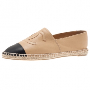 Pre Owned Chanel Beige and Black Leather CC Espadrilles Size 40