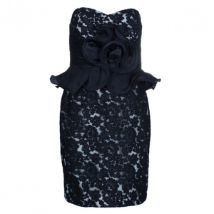 Pre Owned Notte By Marchesa Monochrome Sweetheart Lace Rosette Cocktail Dress M