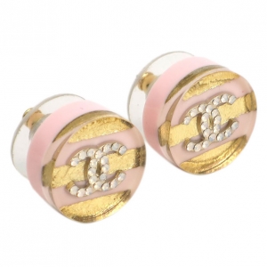 Pre Owned Chanel Pink & Gold Strips Resin Stud Earrings