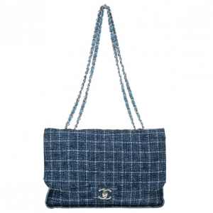 Pre Owned Chanel Blue Tweed Jumbo Flap Bag