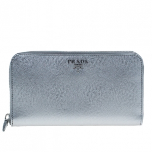 Pre Owned Prada Silver Saffiano Zip Around Continental Wallet
