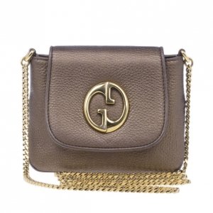 Pre Owned Gucci Metallic Gold Leather Small Logo Detail Chain Link Crossbody Bag