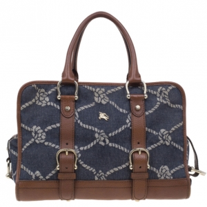 Pre Owned Burberry Denim and Leather Patterned Satchel
