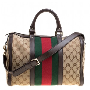 Pre Owned Gucci Brown/Beige GG Canvas Medium Vintage Web Boston Bag