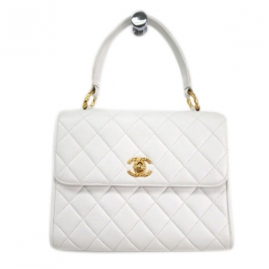 Pre Owned Chanel White Lambskin Top Handle Bag